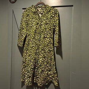 Button-Front Midi Dress in Green, Yellow and Black print